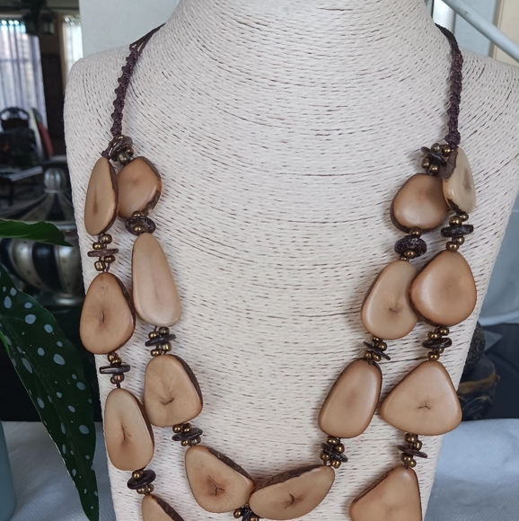 Artisanal Handcrafted Tagua Nut Necklace, Bronze Beads,Coco Shells, Ecuador - Picture 2 of 6